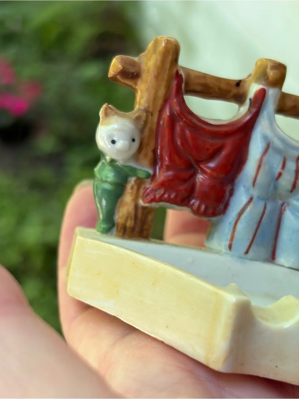 Vtg Occupied Japan Ceramic Cat Clothesline Ashtray Match Holder Rare Mid Century